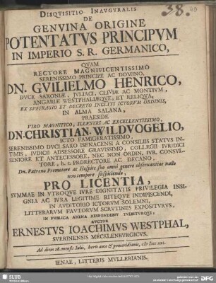 Disqvisitio Inavgvralis De Genvina Origine Potentatvs Principvm In Imperio S. R. Germanico