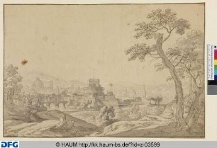 Ansicht von Rom mit der Engelsburg und St. Peter, im Vordergrund der Tiber