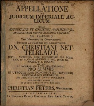 Diss. inaug. ... de appellatione ad iudicium imperiale aulicum