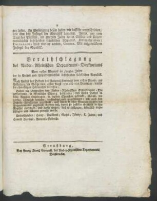 Berathschlagung des Nieder-Rheinischen Departement-Direktoriums