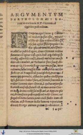 Argumentum Bartholomaei Latomi in orationem Marci Tullii Ciceronis ad Quirites post reditum