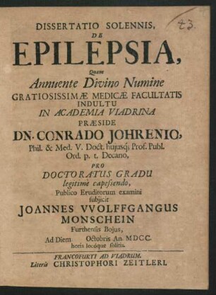 Dissertatio Solennis, De Epilepsia