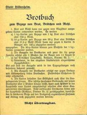 Nachweiskarte für den Bezug von Brot und Mehl (blanko)