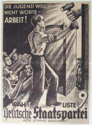 Illustriertes Flugblatt mit Wahlpropaganda für die Deutsche Staatspartei zur Reichstagswahl 1933