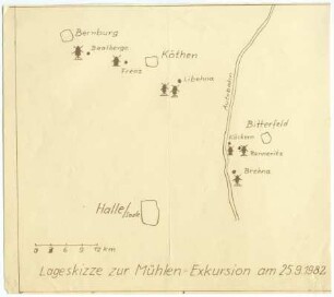 Lageskizze zur Mühlenexkursion in den Kreisen Bernburg, Köthen und Bitterfeld am 25.9.1982