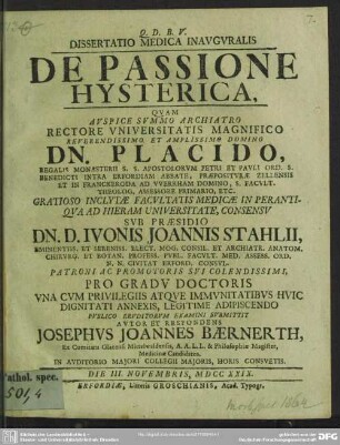 Dissertatio Medica Inauguralis De Passione Hysterica