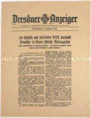 Nachrichtenblatt "Dresdner Anzeiger" mit Meldungen des Oberkommandos der Wehrmacht u.a. zum Kriegsgeschehen im Kaukasus und in Ägypten
