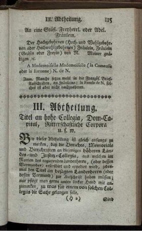 III. Abtheilung. Titel an hohe Collegia, Dom-Capitul, Ritterschaftliche Corpora u.s.w.