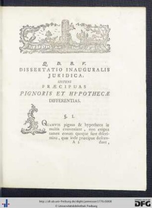 Dissertatio Inauguralis Juridica, Sistens Praecipuas Pignoris Et Hypothecae Differentias.