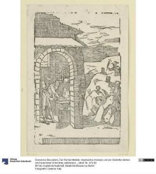 Der Ruf der Metalle. Hephaistos (Vulkan) und ein Gelehrter stehen am Feuer einer Schmiede, während draußen in den Felsen die Götter (als Repräsentanten der Metalle) versteckt sind: Saturn (Blei), Jupiter (Zinn), Venus (Kupfer), Luna (Silber), Merkur (Quecksilber), Sol (Gold), Mars (Eisen). Aus der Folge "De re metallica".