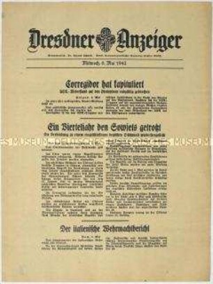 Nachrichtenblatt "Dresdner Anzeiger" mit Meldungen des Oberkommandos der Wehrmacht und des italienischen Oberkommandos u.a. zum Kriegsgeschehen an der Ostfront