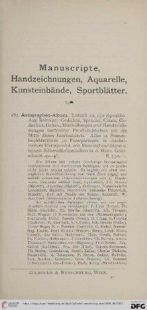Manuscripte, Handzeichnungen, Aquarelle, Kunsteinbände, Sportblätter (Nr. 285 - 307)