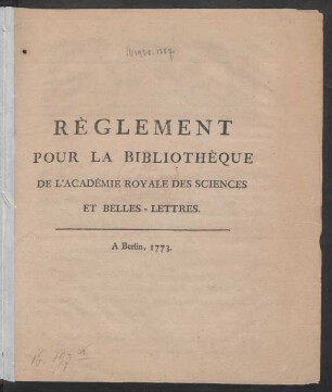 Règlement Pour La Bibliothèque De L'Académie Royale Des Sciences Et Belles-Lettres