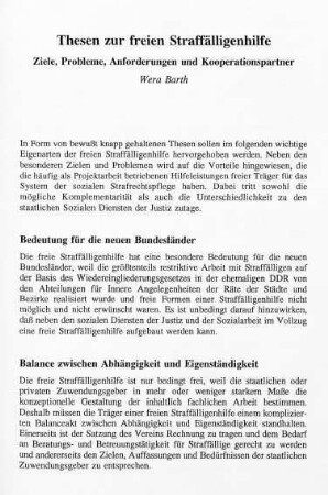 279-284, Thesen zur freien Straffälligenhilfe. Ziele, Probleme, Anforderungen und Kooperationspartner