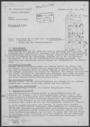 Lomersheim: Visitationsbericht mit Pfarrbericht 1958