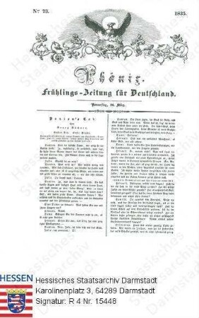 Büchner, Georg, Dr. phil. (1813-1837) / Nummer 73/1835 der Zeitschrift 'Phönix' mit Anfang des 'Danton'-Texts von Georg Büchner
