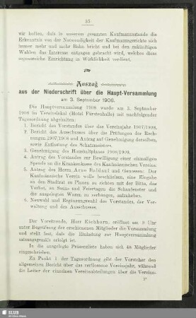 Auszug aus der Niederschrift über die Haupt-Versammlung am 3. September 1908