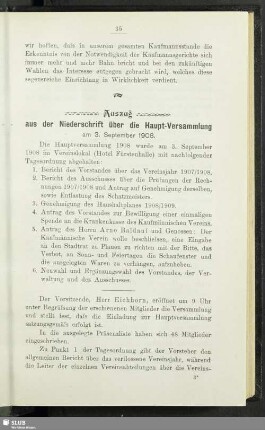 Auszug aus der Niederschrift über die Haupt-Versammlung am 3. September 1908