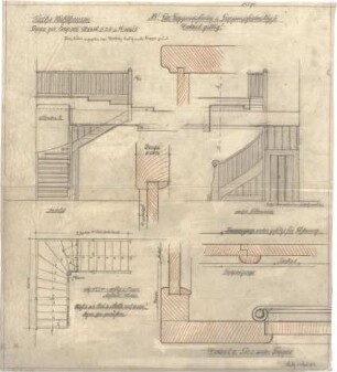 Dolmetsch, Theodor; Mühlhausen / Enz; Kirche - Treppe zur Empore (Grundriss, Ansicht, Schnitt,Detail); Tür, Treppenpfosten u. Treppenpfostenköpfe (Ansichten, Details)
