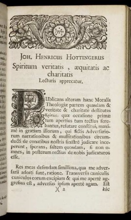 Joh, Henricus Hottingerus. Spiritum veritatis, æquitatis ac charitatis. Lecturis apprecatur.