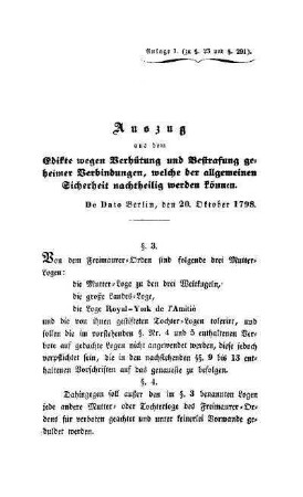 Anlage I. Auszug aus dem Edikte wegen Verhütung und Bestrafung geheimer Verbindungen, welche der allgemeinen Sicherheit nachtheilig werden können