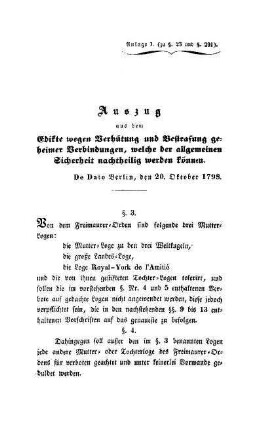 Anlage I. Auszug aus dem Edikte wegen Verhütung und Bestrafung geheimer Verbindungen, welche der allgemeinen Sicherheit nachtheilig werden können