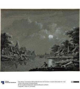 Flusslandschaft bei Mondschein mit Fischern in einem Boot