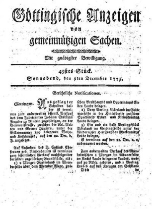 49stes Stück. Sonnabend, den 9ten December 1775.