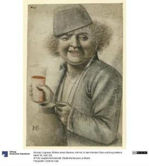 Bildnis eines Mannes mit Hut, in den Händen Glas und Krug haltend