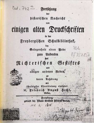 Fortsetzung der historischen Nachricht von einigen alten Druckschriften in der Freybergischen Schulbibliothek