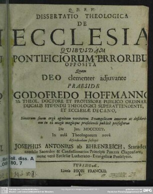 Dissertatio Theologica De Ecclesia Quibusdam Pontificiorum Erroribus Opposita