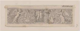 Friesfeld mit Akanthusranken, geflügelten Figuren, Mittelschild mit schwebenden antikisierenden Figuren und Kymaion