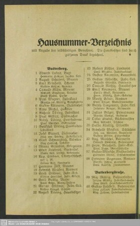 Häuserbuch : Hausnummern-Verzeichnis mit Angabe der selbständigen Bewohner