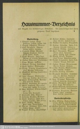 Häuserbuch : Hausnummern-Verzeichnis mit Angabe der selbständigen Bewohner