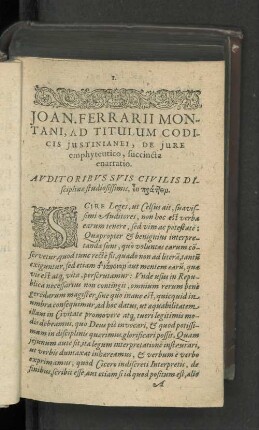 Joan. Ferrarii Montani, Ad Titulum Codicis justinianei, De jure emphyteutico, succinta enarratio