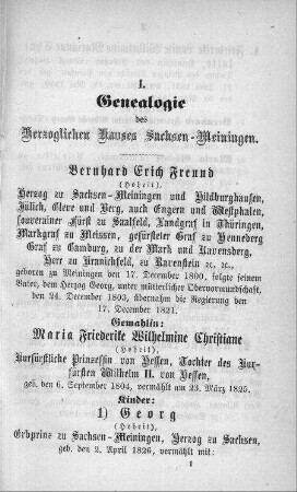 I. Genealogie des Herzoglichen Hauses Sachsen-Meiningen