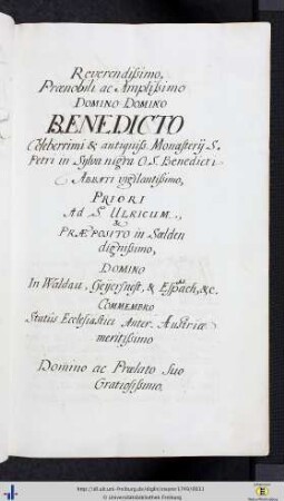 Reverendissimo Praenobili ac Amplissimo Domino Domino Benedicto …