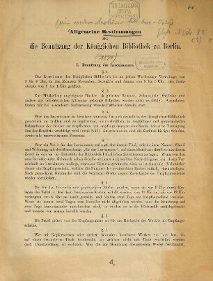 Allgemeine Bestimmungen über die Benutzung der Königlichen Bibliothek zu Berlin