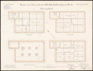 Artilleriekaserne II/27, Wiesbaden: Kammergebäude: Grundriss Keller, Erdgeschoss, 1. und 2. Obergeschoss 1:100