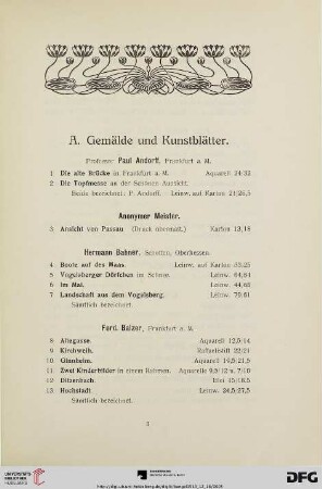 A. Gemälde und Kunstblätter (Nr. 1-243)
