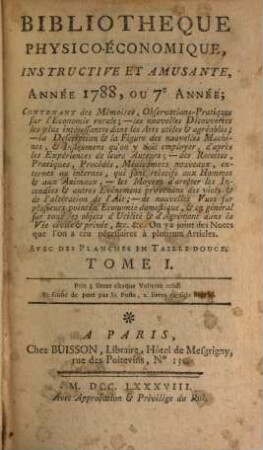 Bibliothèque physico-économique : instructive et amusante. 1788,1, 1788,1 = A. 7