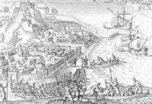 Die Stadt Selamme wird von den Holländern eingenommen und in Brand gesetzt - Buchseite aus de Bry, India II