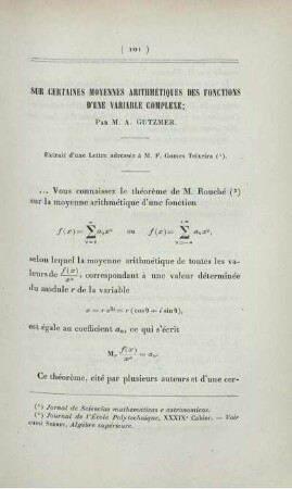Sur certaines moyennes arithmétiques des fonctions d'une variable complexe.