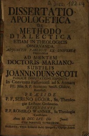 Dissertatio Apologetica De Methodo Dialectica Etiam In Theologicis Observanda