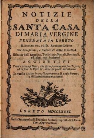 Notizie della santa casa di Maria Vergine, venerata in Loreto