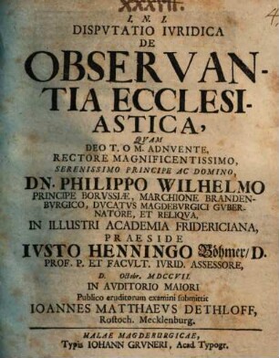 Dispvtatio Ivridica De Observantia Ecclesiastica
