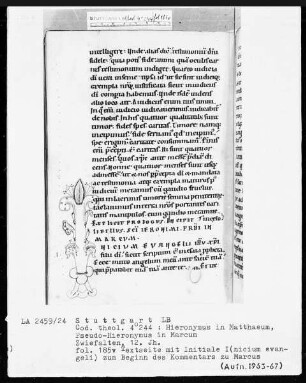Hieronymus in Matthaeum, Pseudo-Hieronymus in Marcum — Initiale I(nicium evangeli), Folio 185verso