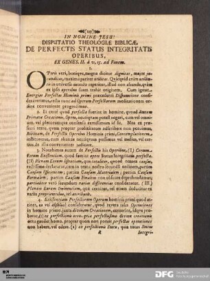Disputatio Theologiae Biblicae, De Perfectis Status Integritatis Operibus.
