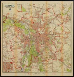 Plan von Leipzig, 1:20 000, 1948 : Leipzig im Maszstab 1:20 000/ bearbeitet vom Stadtvermessungsamt 1948. - Leipzig: Bibliographisches Institut. - 1 Plan ; mehrfarb. - 91,5 x 91,0 cm. - Titel oben links. - Mit Straßenverzeichn. - Mit 1 Nebenkt. Stadtzentrum 1:10 000 unten links. - Beilage im Leipziger Adreßbuch mit Markkleeberg, Böhlitz-Ehrenberg, Engelsdorf, Mölkau 1947/48
