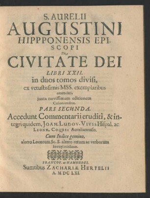 2: S. Aurelii Augustini Hipponensis Episcopi De Civitate Dei Libri XXII.